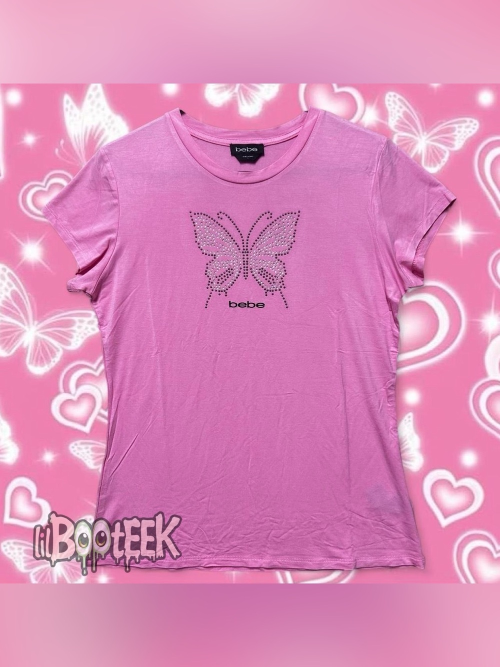 Bebe Ladies LG Bubblegum Pink Baby Tee w Rhinestone Butterfly Logo NWT Y2K
